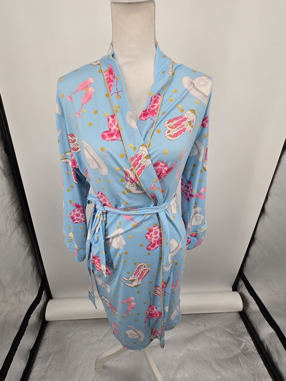 Room Service Pink On Blue Wrap Robe Cowgirl Print S/M (8050)